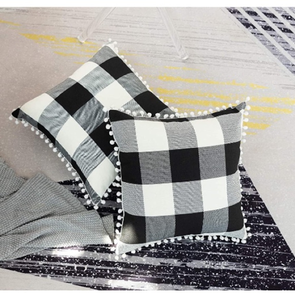 Classic Black/White Gingham Pompom Farmhouse Preppy Throw Pillow Cover Twin Set - Picture 3 of 10